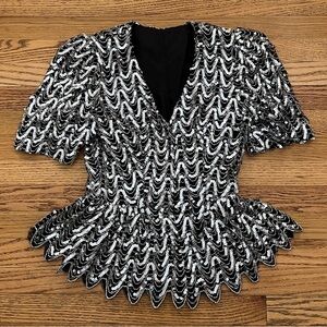 Vintage Union Made Silver Metallic Sequin Peplum V-Neck Peplum Top